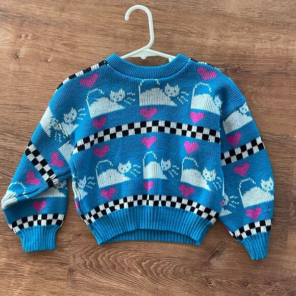 Other - Vintage girls acrylic cat sweater size 4 blue pink white